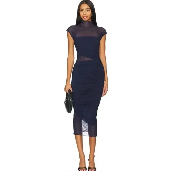 SER.O.YA | Dresses | New Seroya Tabitha Mesh Ruched Midi Dress Size M  Sapphire Navy | Poshmark